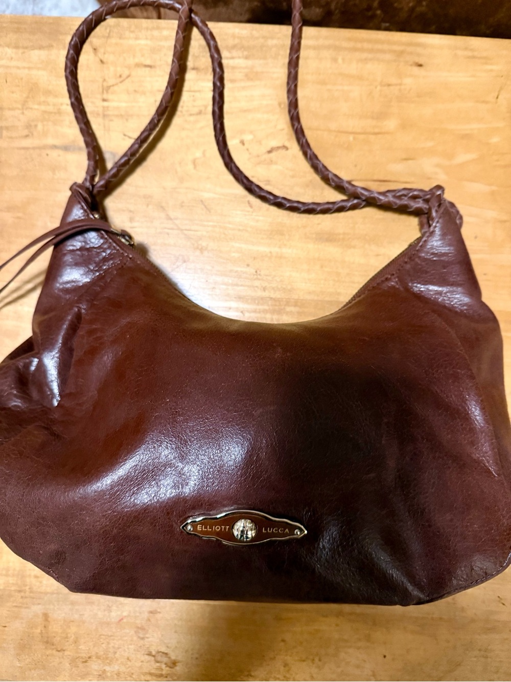 Elliott Lucca Deep Brown Leather Braided Strap Shoulder Bag Hobo EUC